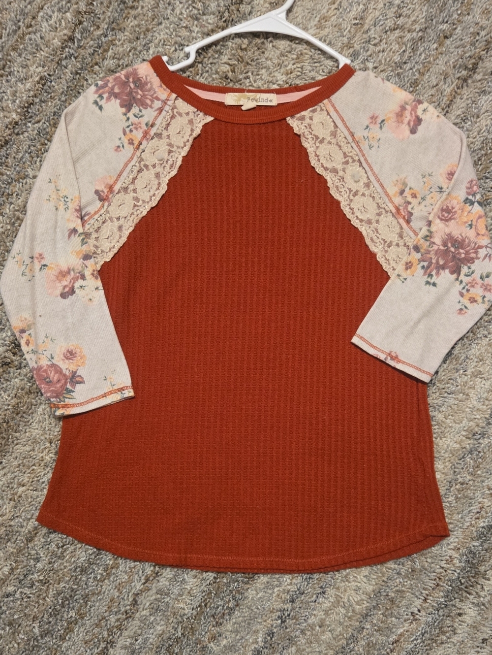 Rewind Rust Waffle Knit Top with Cream Floral Accents